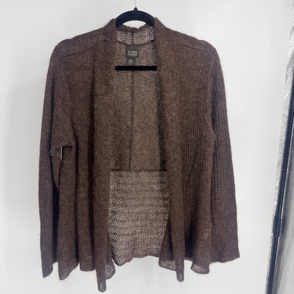 Eileen Fisher Brown Mohair Wool Blend Open Front Sheer Knit Cardigan Sweater M